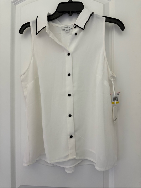 CeCe Tops - CeCe White Sleeveless Blouse with Black Button & Collar Trim